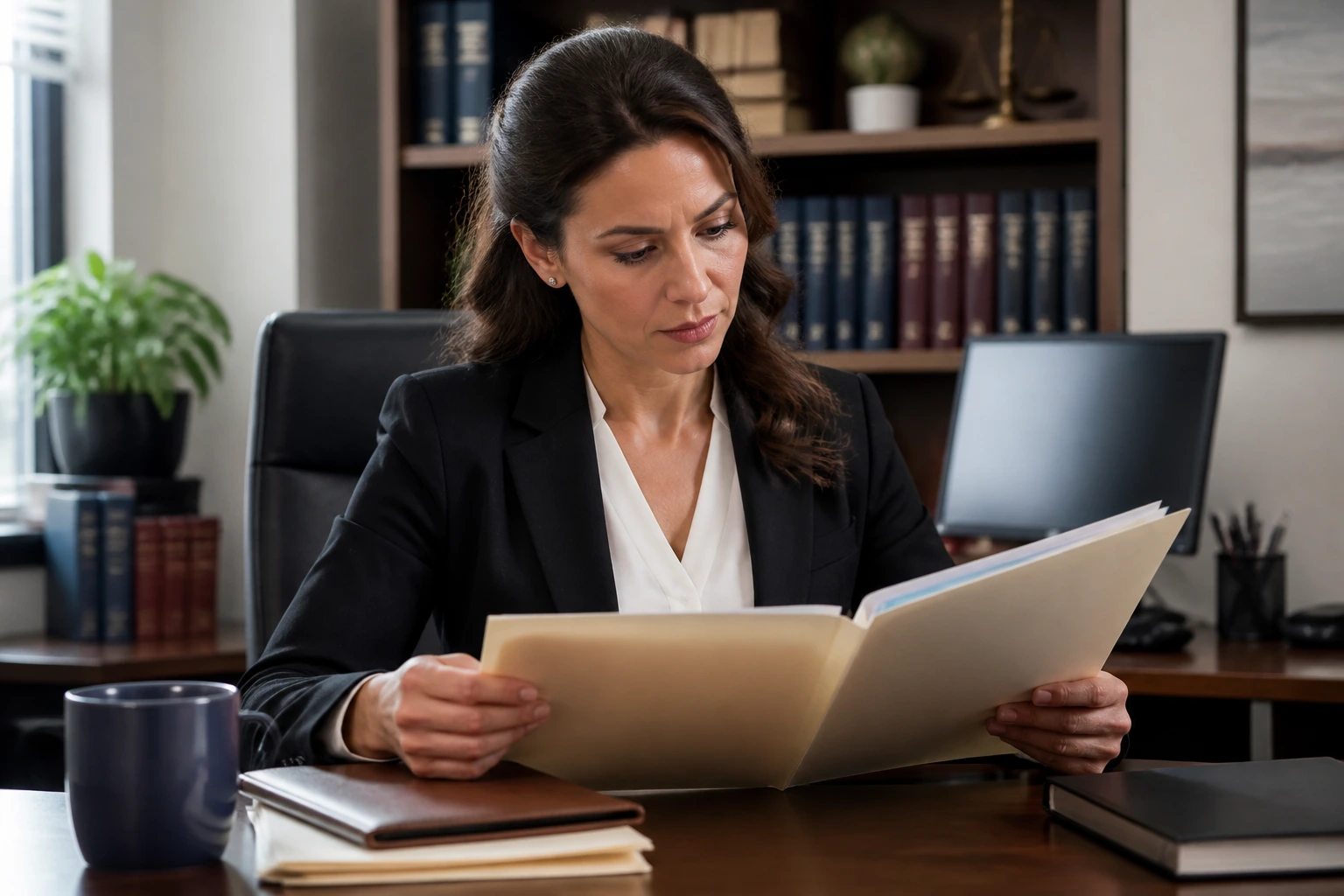 Immigration attorney in a clean office reviewing visa documents
