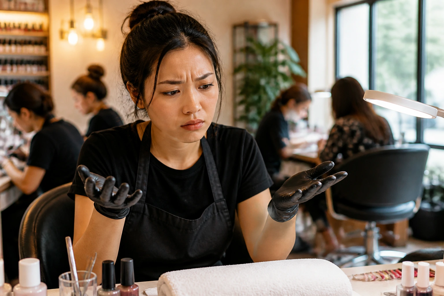 Nail technician in salon with puzzled expression about visa paths.
