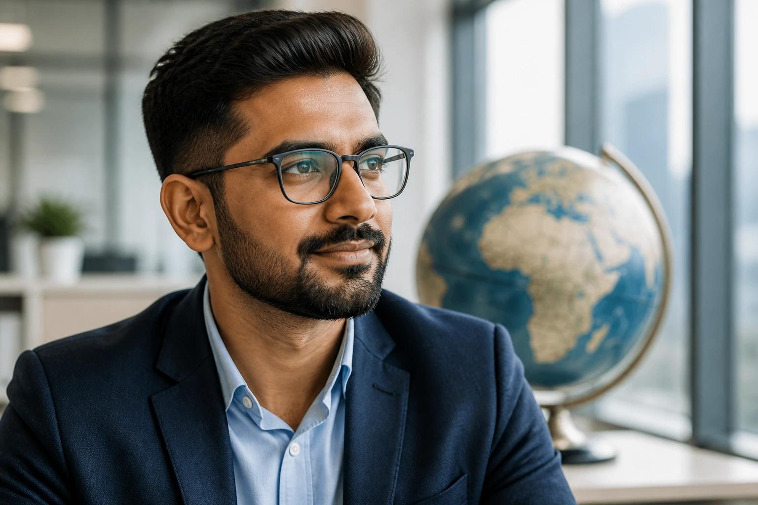 Portrait of a professional with a globe background symbolizing visa options