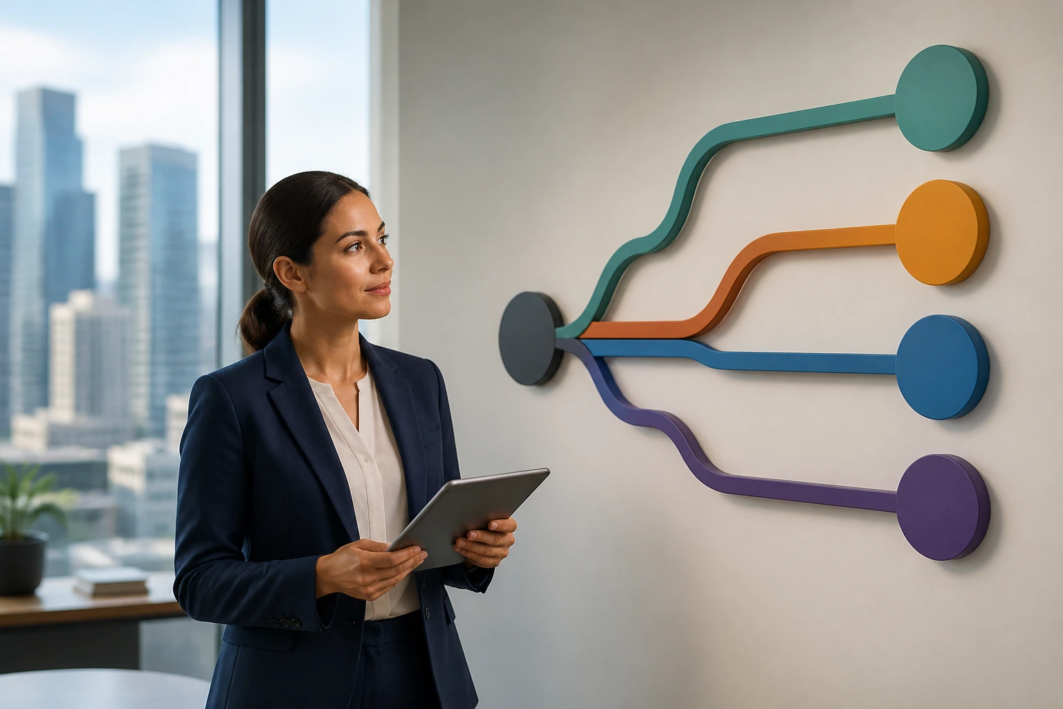 Professional in an office near an abstract color path diagram illustrating visa routes