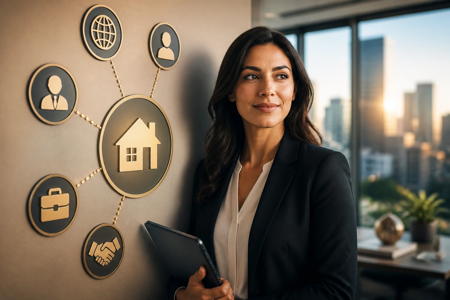 Portrait of a real estate professional near abstract visa icons on a wall in an office