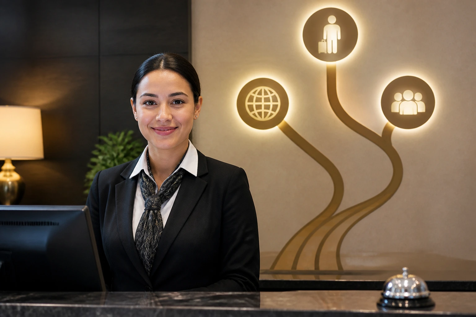 Receptionist portrait with abstract visa icons behind