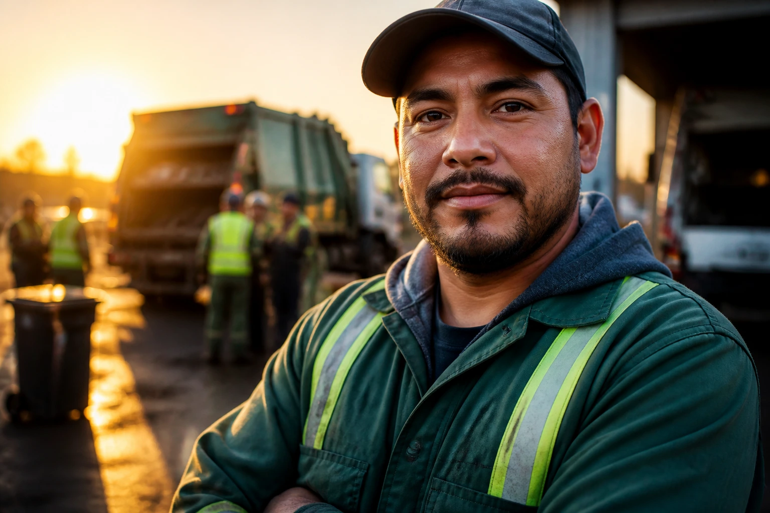 Sanitation worker in depot with soft-focused background suggesting career pathways