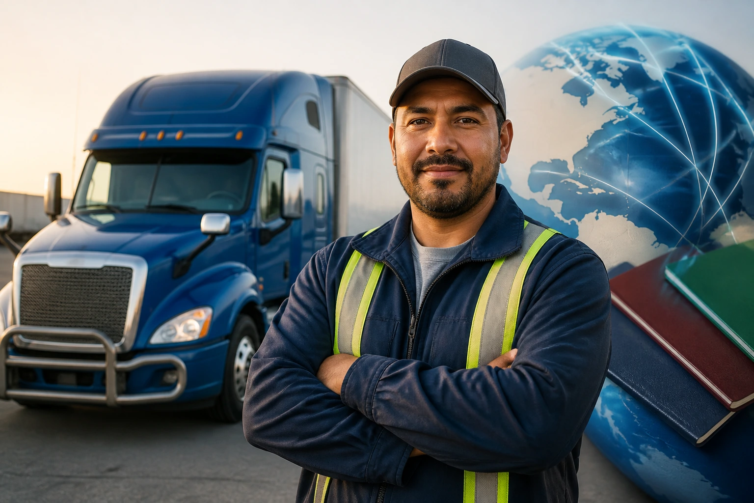 Portrait of a truck driver with globe background illustrating visa paths