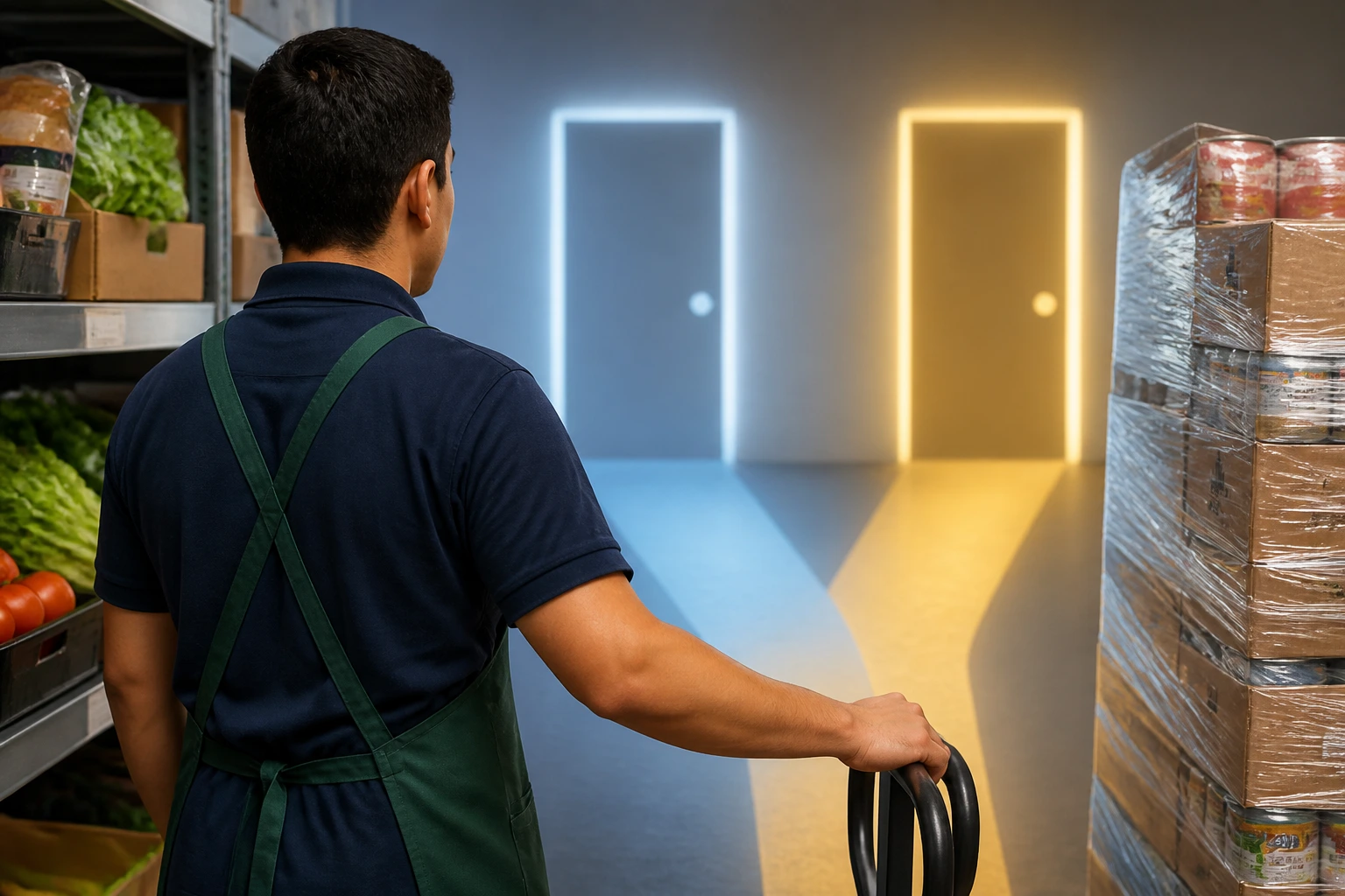 Stocker facing abstract door silhouettes representing visa paths