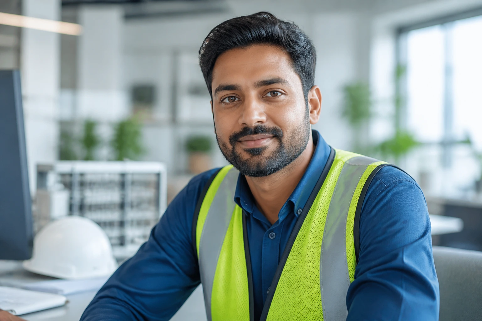 Medium close-up of an electrical engineer representing PR transition in a professional office