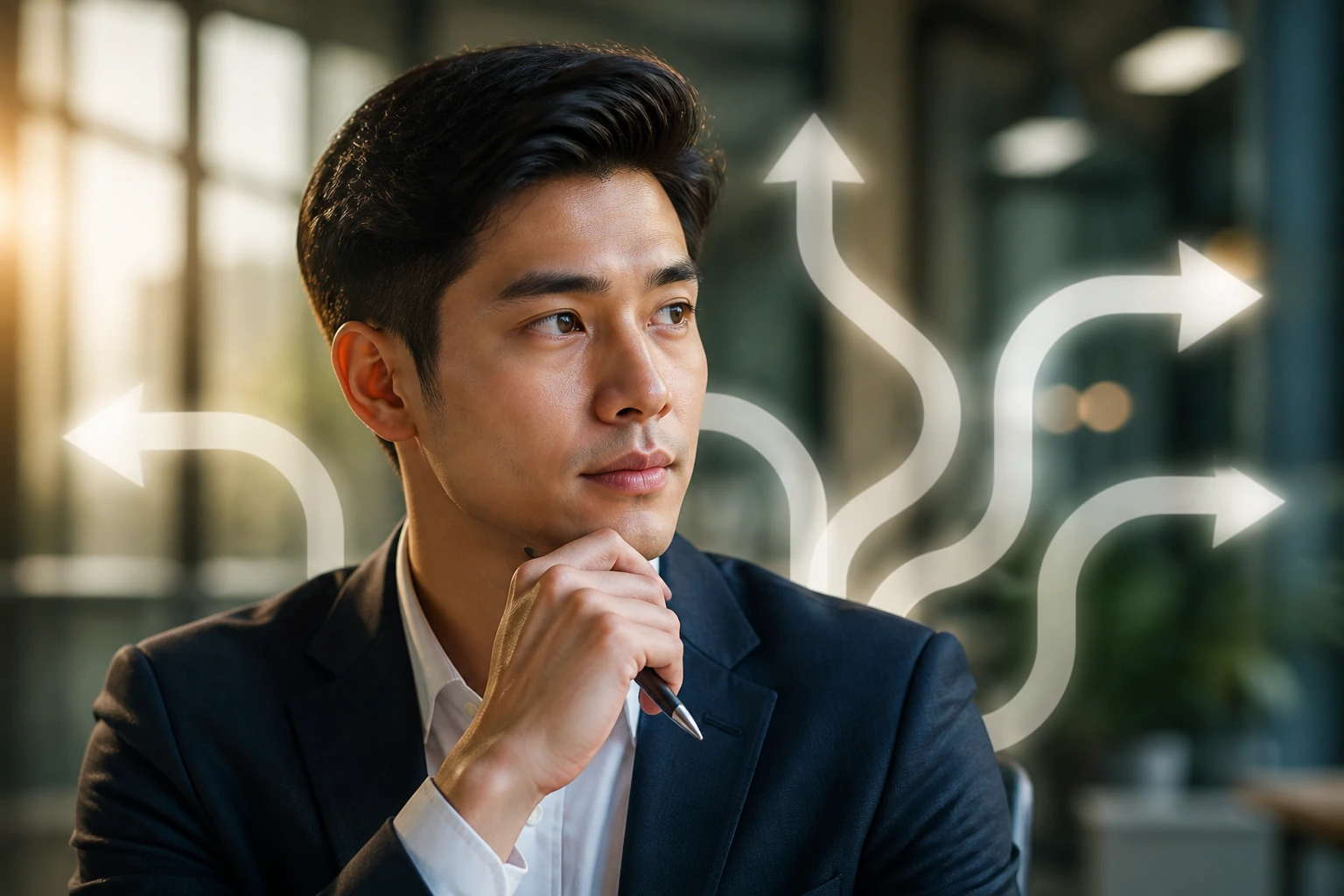 Medium close-up of a professional with abstract arrows symbolizing multiple visa pathways in the background