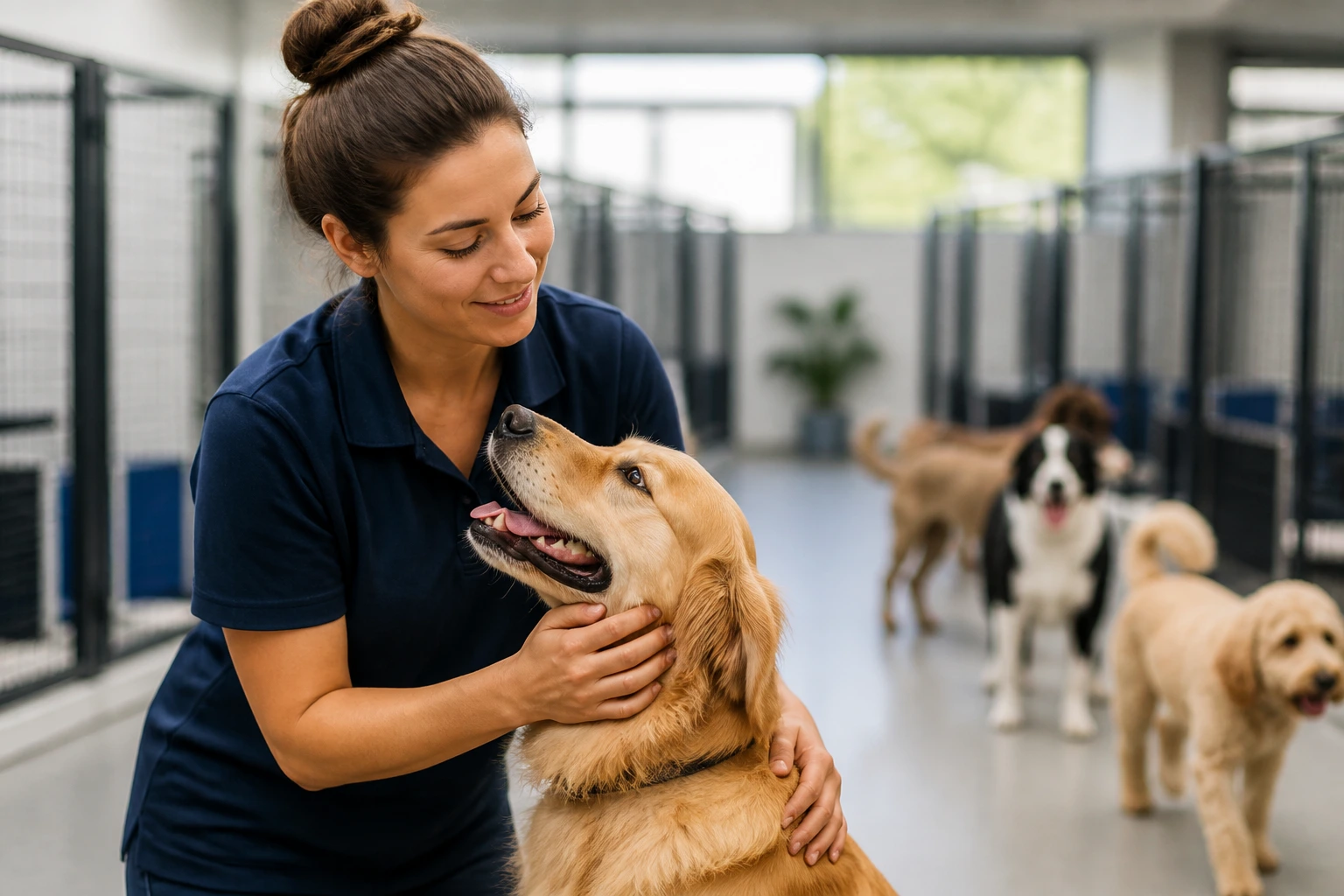 Animal care worker in a kennel with dogs softly blurred behind