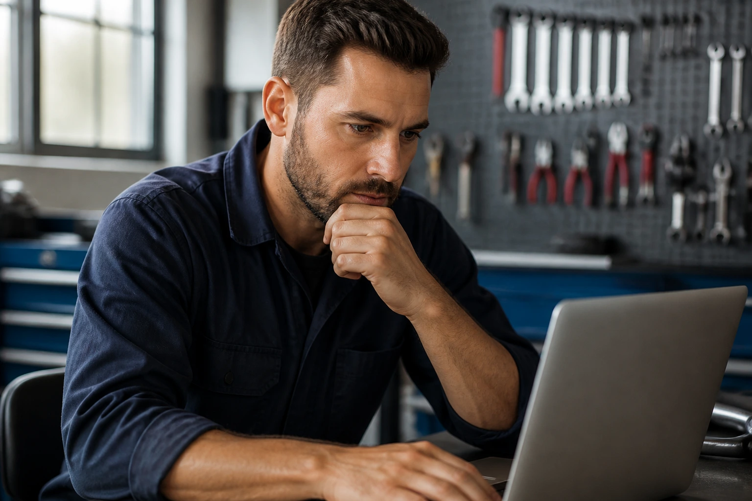 Mechanic reviewing visa path options on a laptop in a workshop