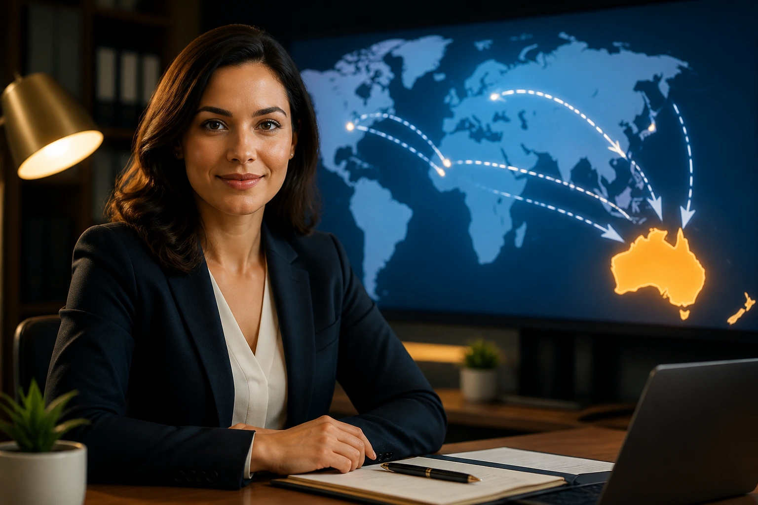 Broker portrait with world map background highlighting Australia visa pathways