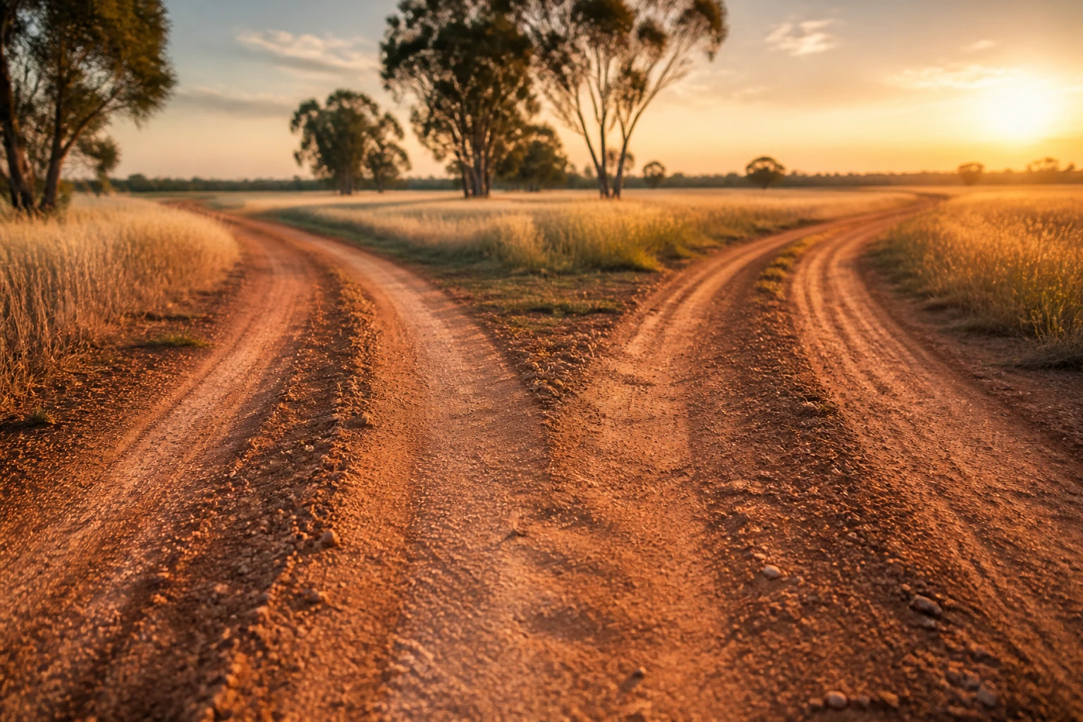 Close-up of forked rural road in Australian farmland representing two visa pathways