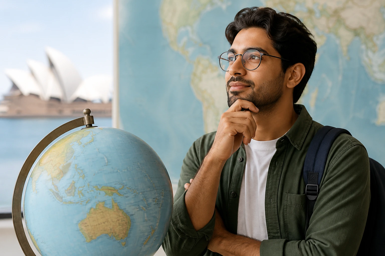 Portrait of a professional exploring visa pathways with globe backdrop
