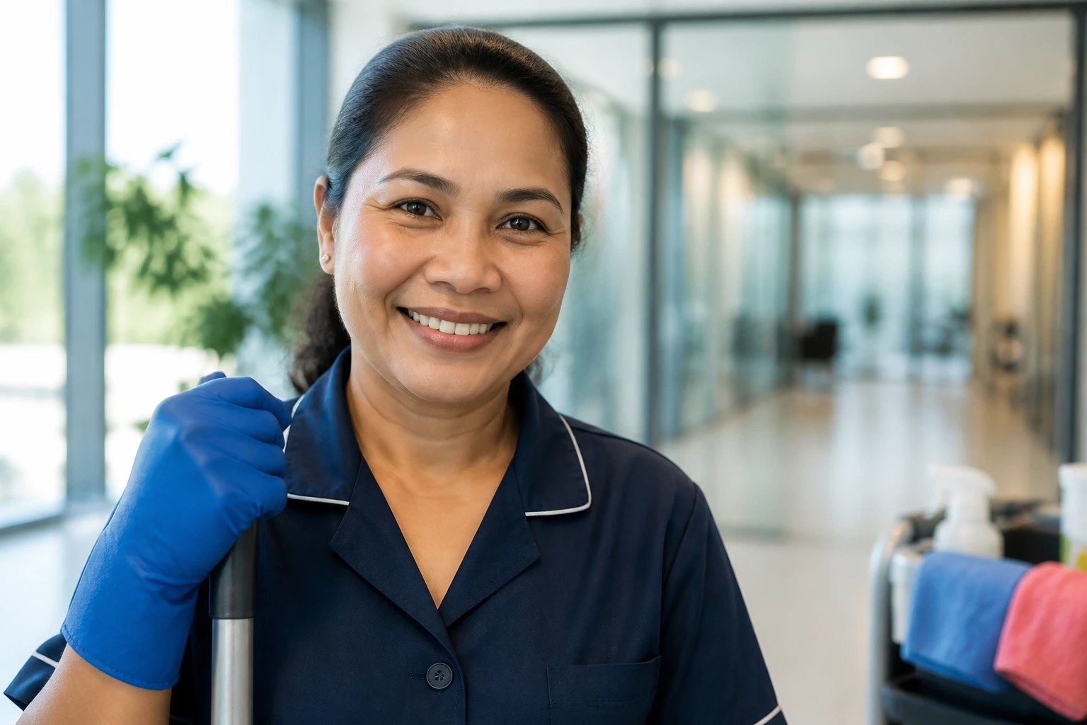 Close-up portrait of a cleaner in uniform in an Australian office lobby