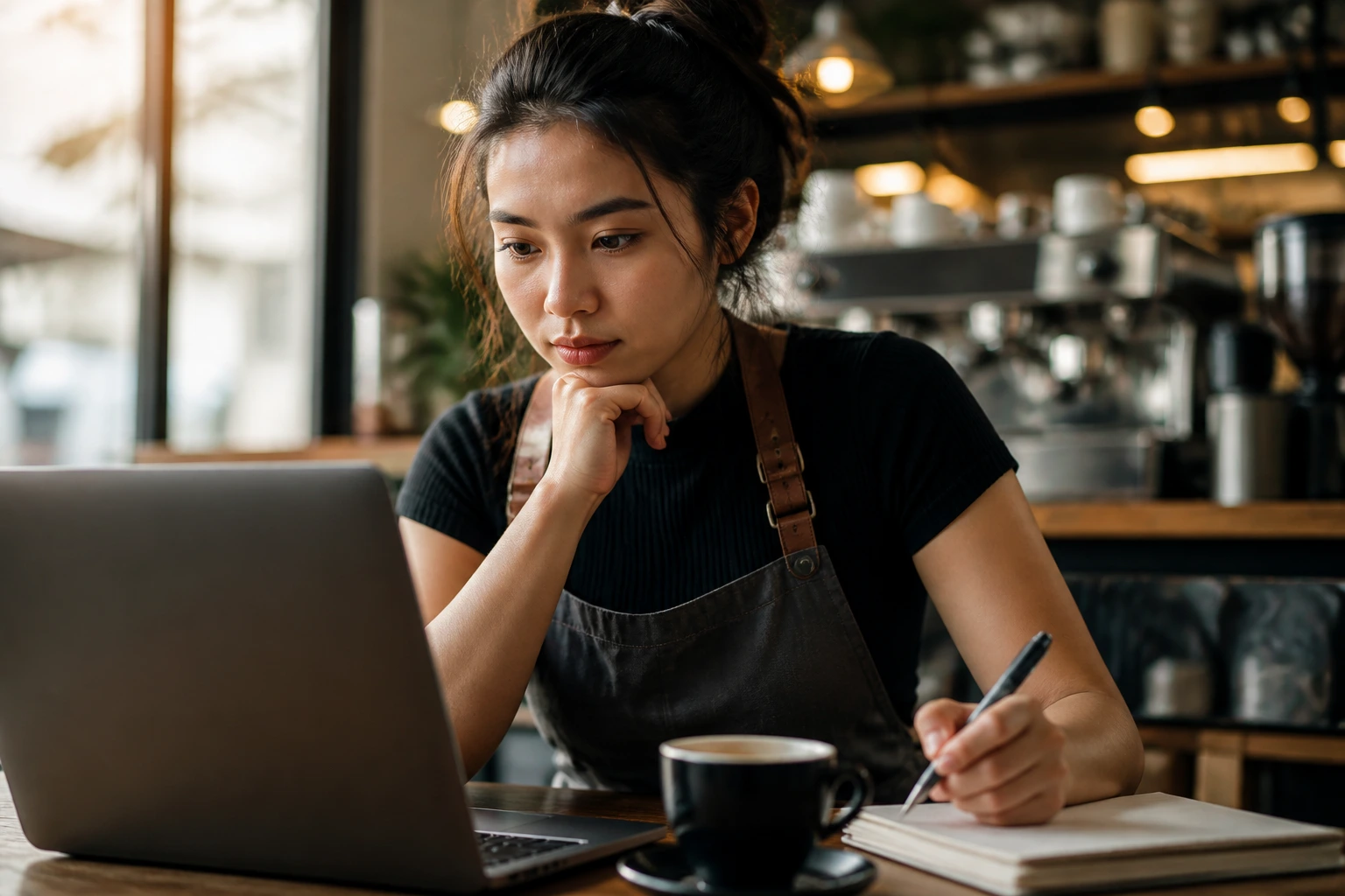 Barista candidate evaluating visa options in cafe