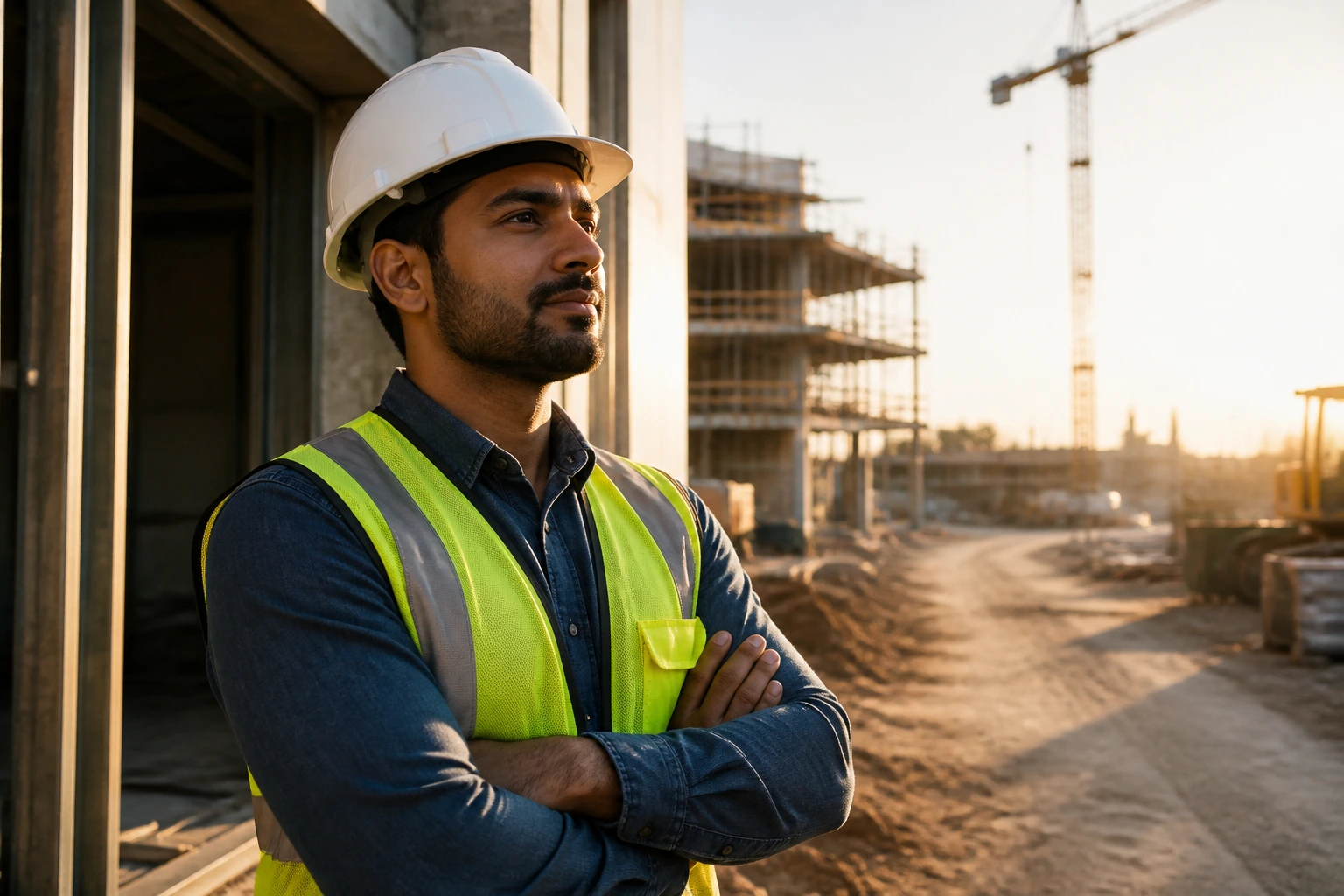 Construction worker at a site doorway suggesting different visa paths for work