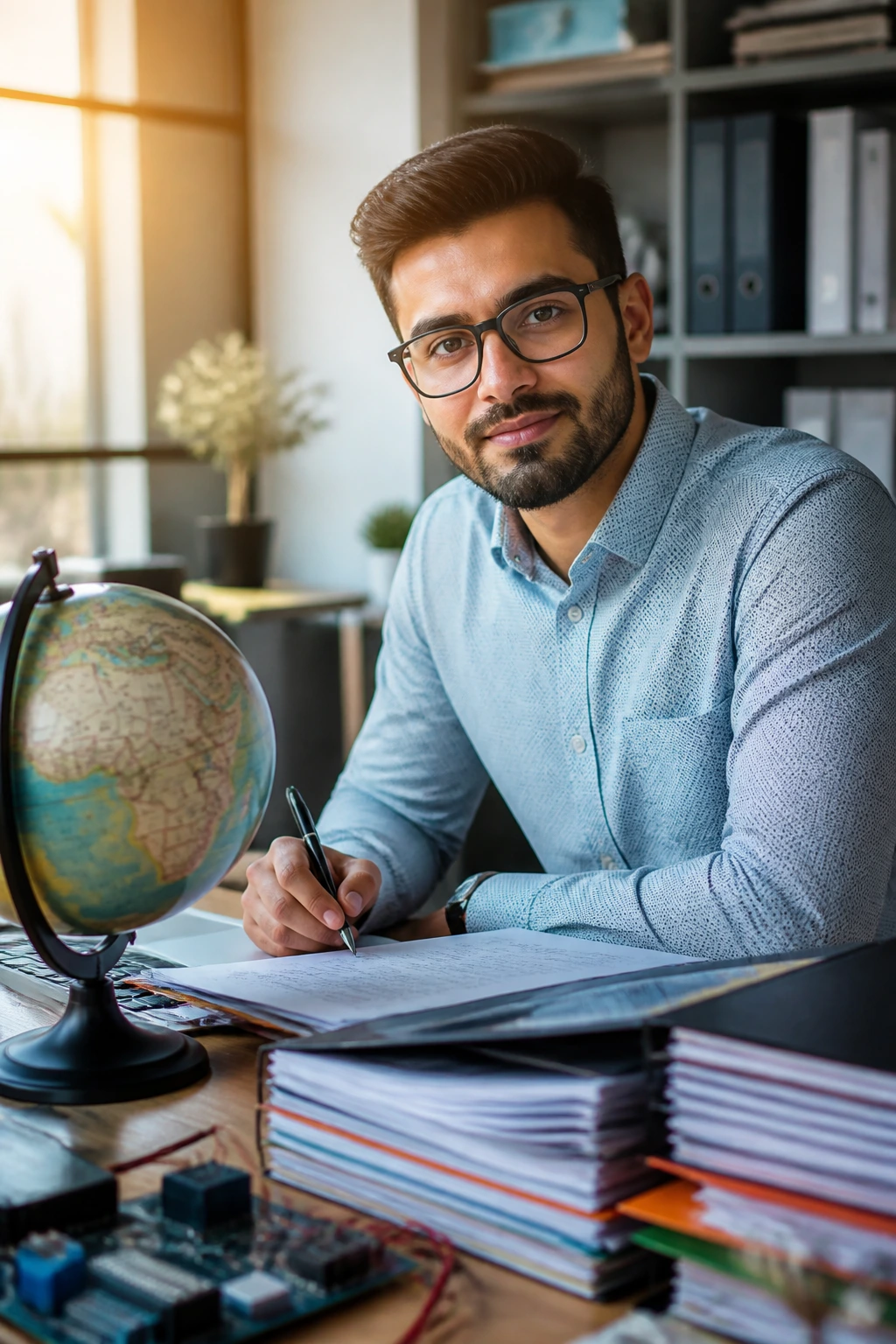 Close-up portrait of an electrical engineer in a modern office with globe