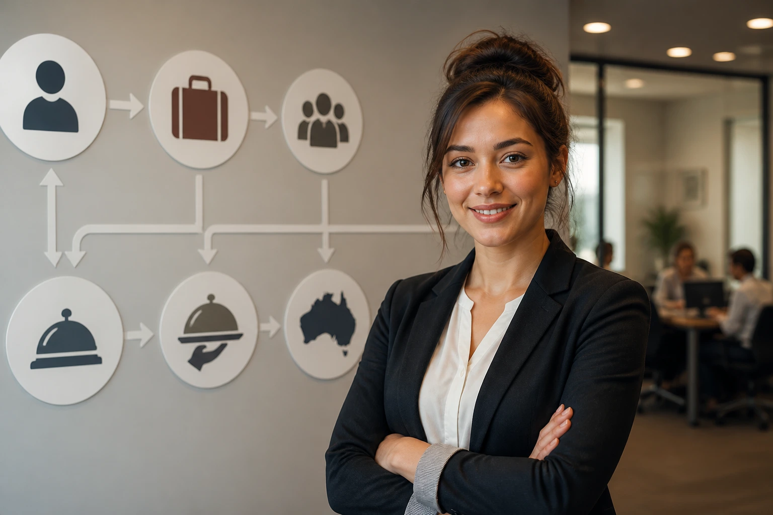 Hospitality worker in an HR setting with abstract visa pathway icons