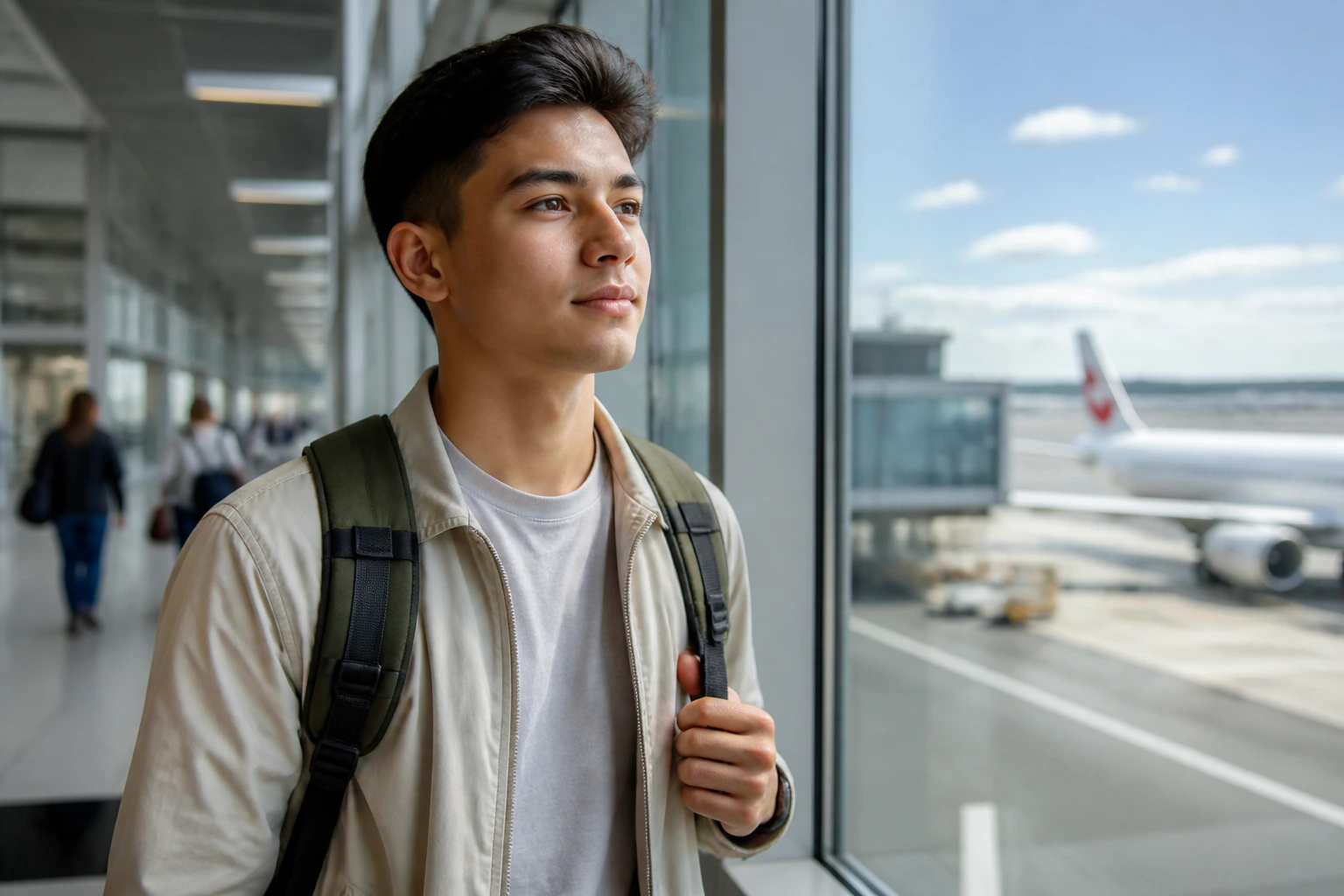 Medium close-up of a hopeful traveler in an airport, representing alternative visa pathways to sponsorship