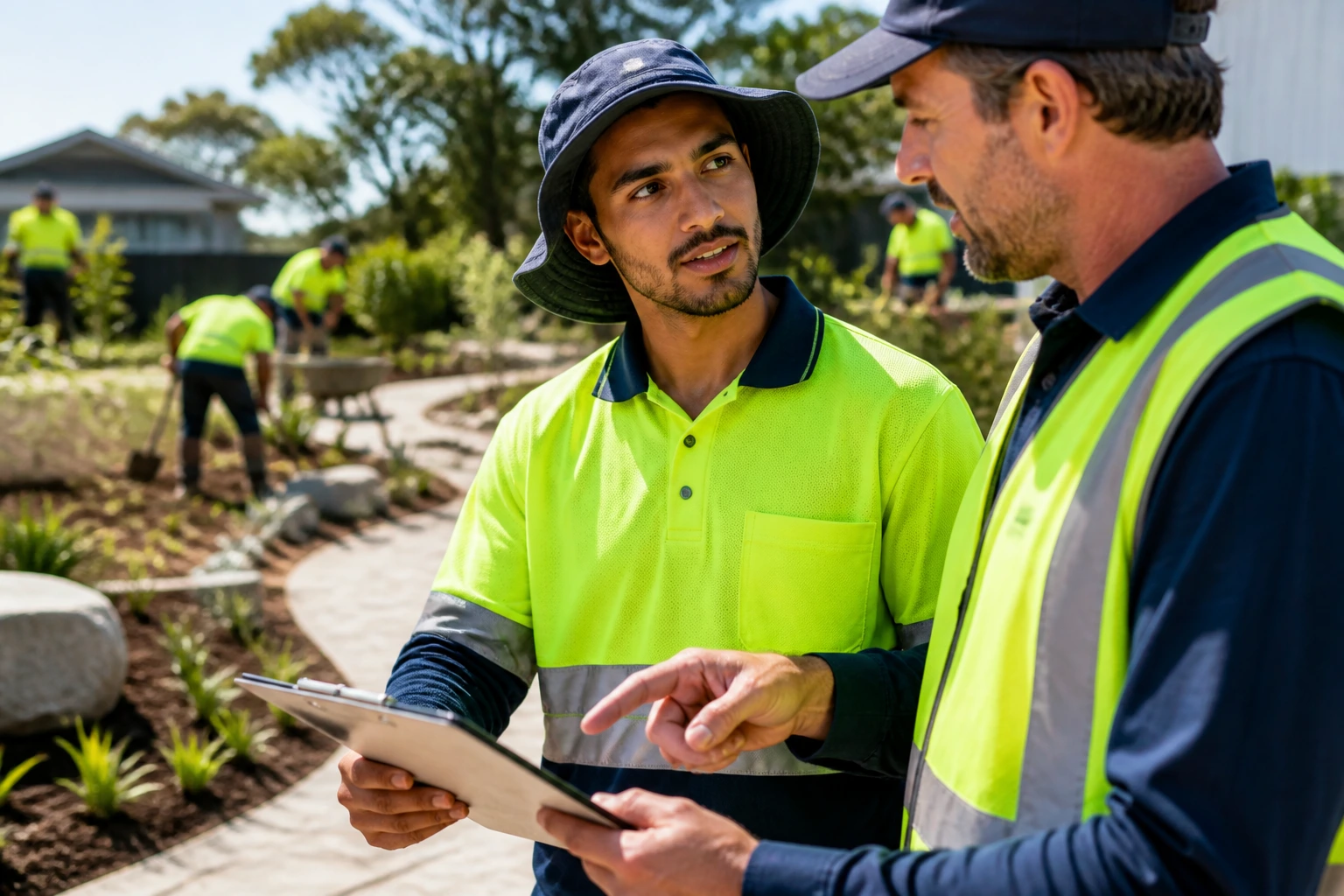 Worker on site with supervisor discussing outdoor work
