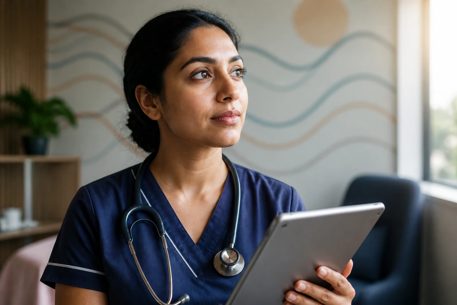 Healthcare professional contemplating visa pathways in a clinic office