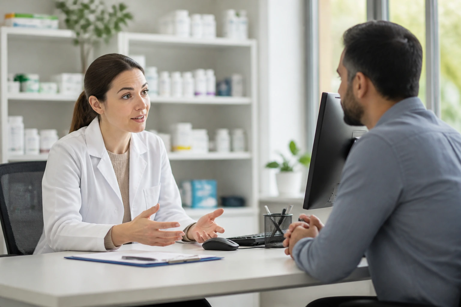 Real pharmacist or HR consultant discussing visa options with a candidate in an office.