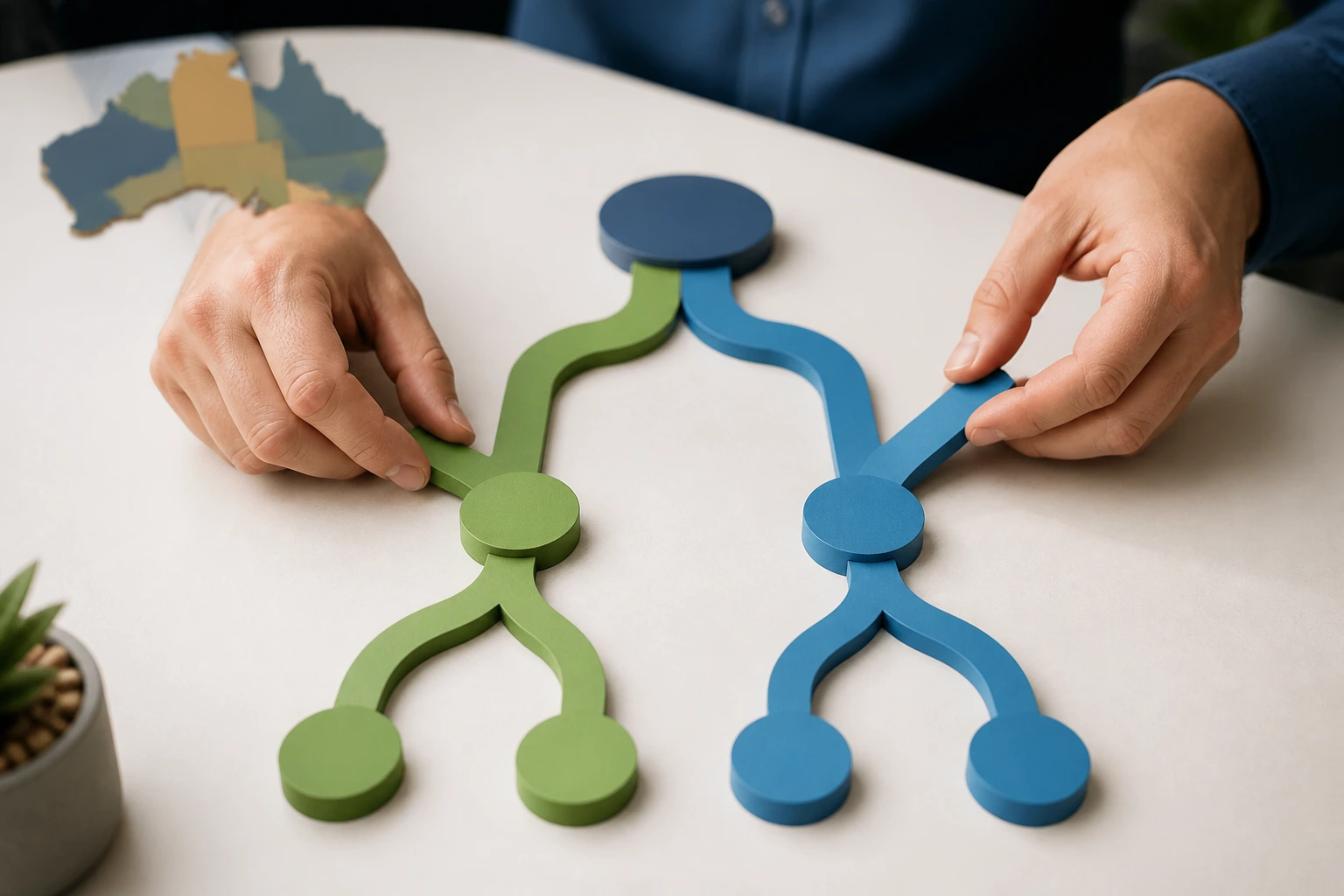 Hands arranging abstract pathway diagram representing visa routes
