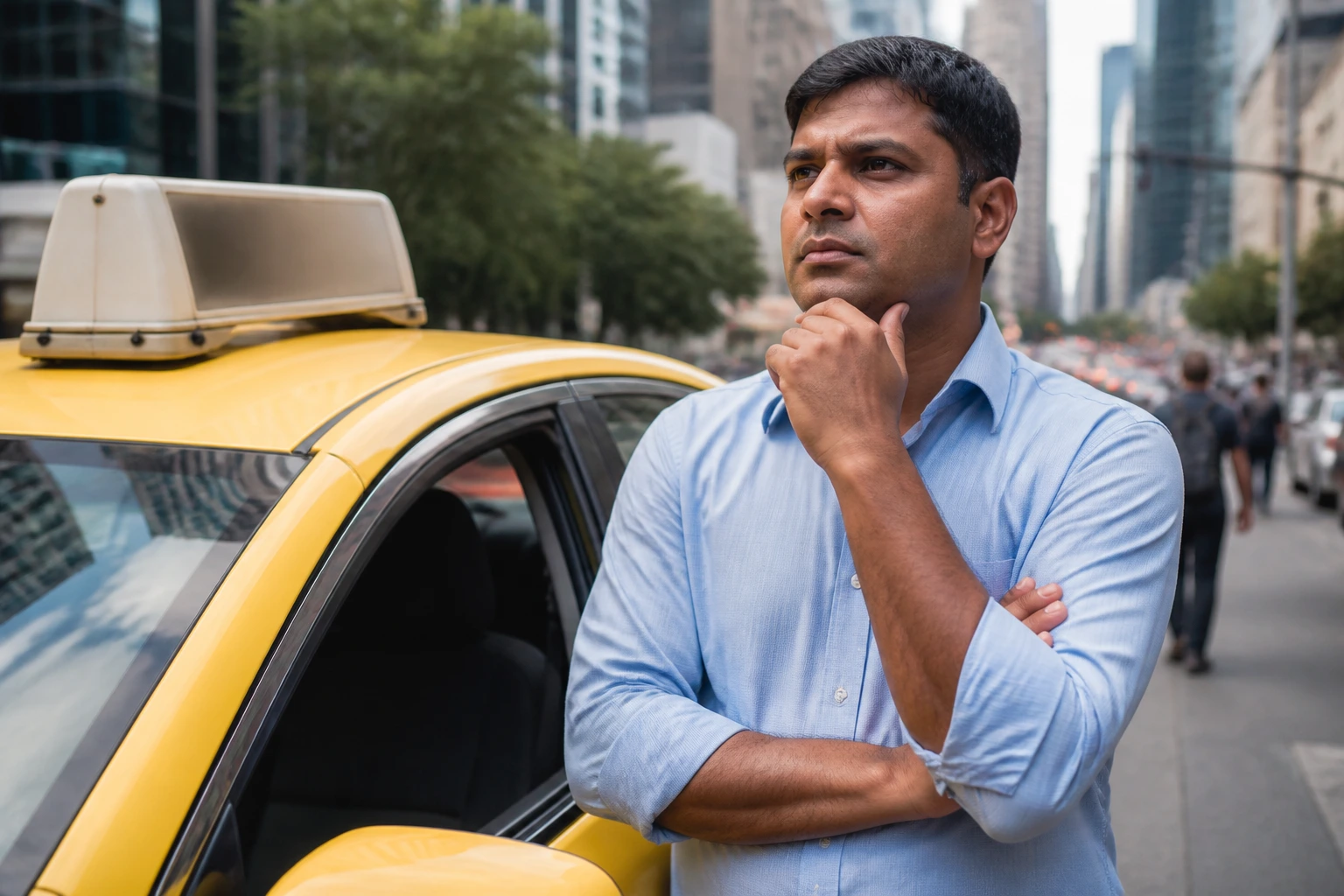 Person near taxi contemplating visa pathways on a city street