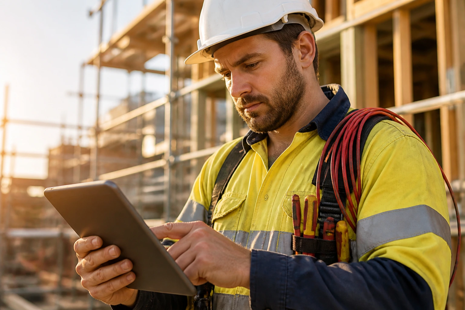 Close-up of an electrician reviewing visa pathways on a tablet at a construction site