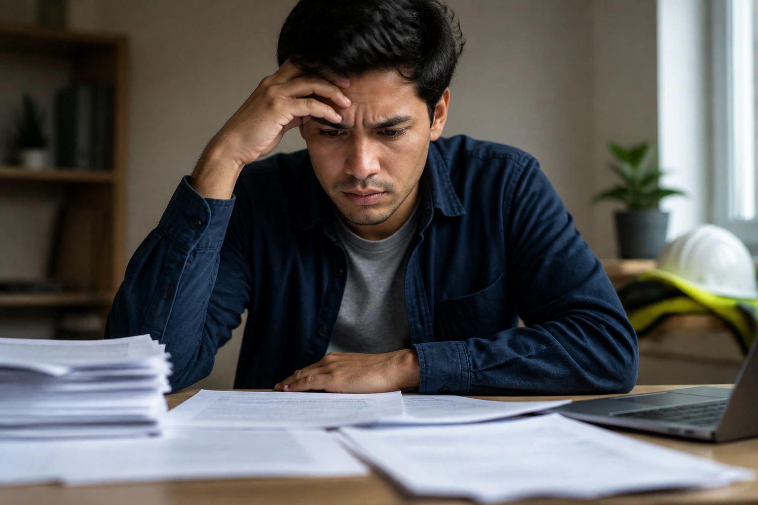 Applicant reviewing visa documents with blurred papers to avoid legible text.