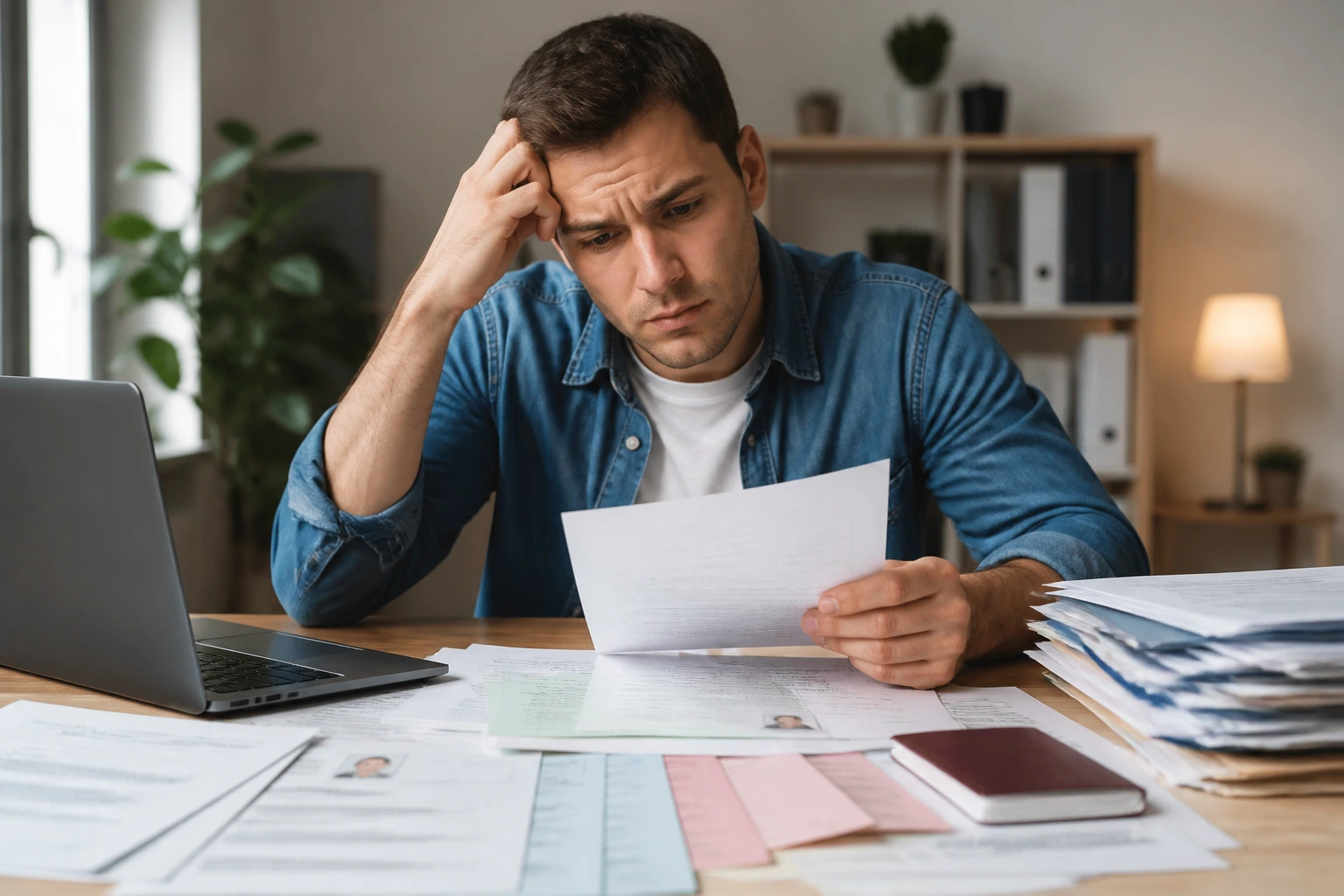 Individual at desk illustrating visa application pitfalls with scattered documents