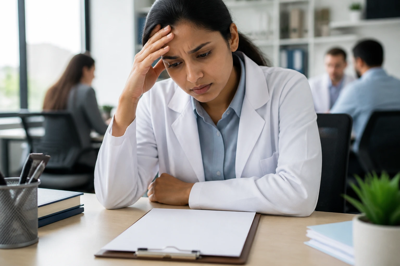 Worried applicant facing a blank form on a desk