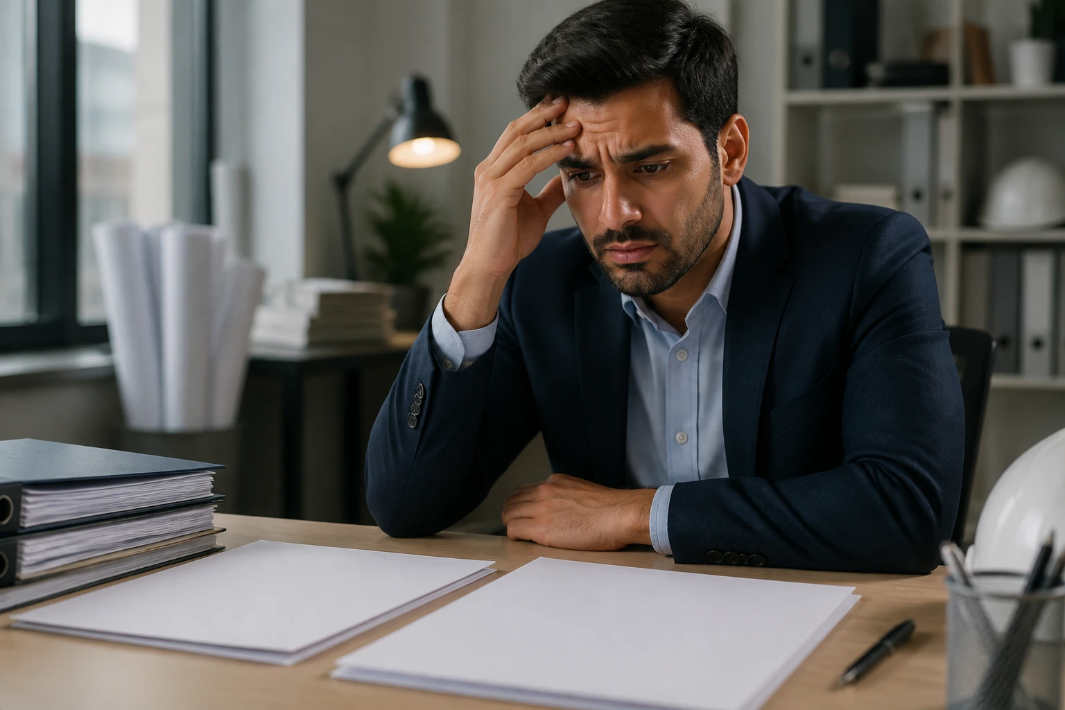Worried professional contemplating visa process with blank forms