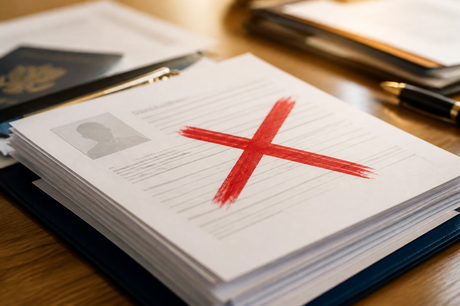 Close-up of documents with a red error mark signifying visa pitfalls