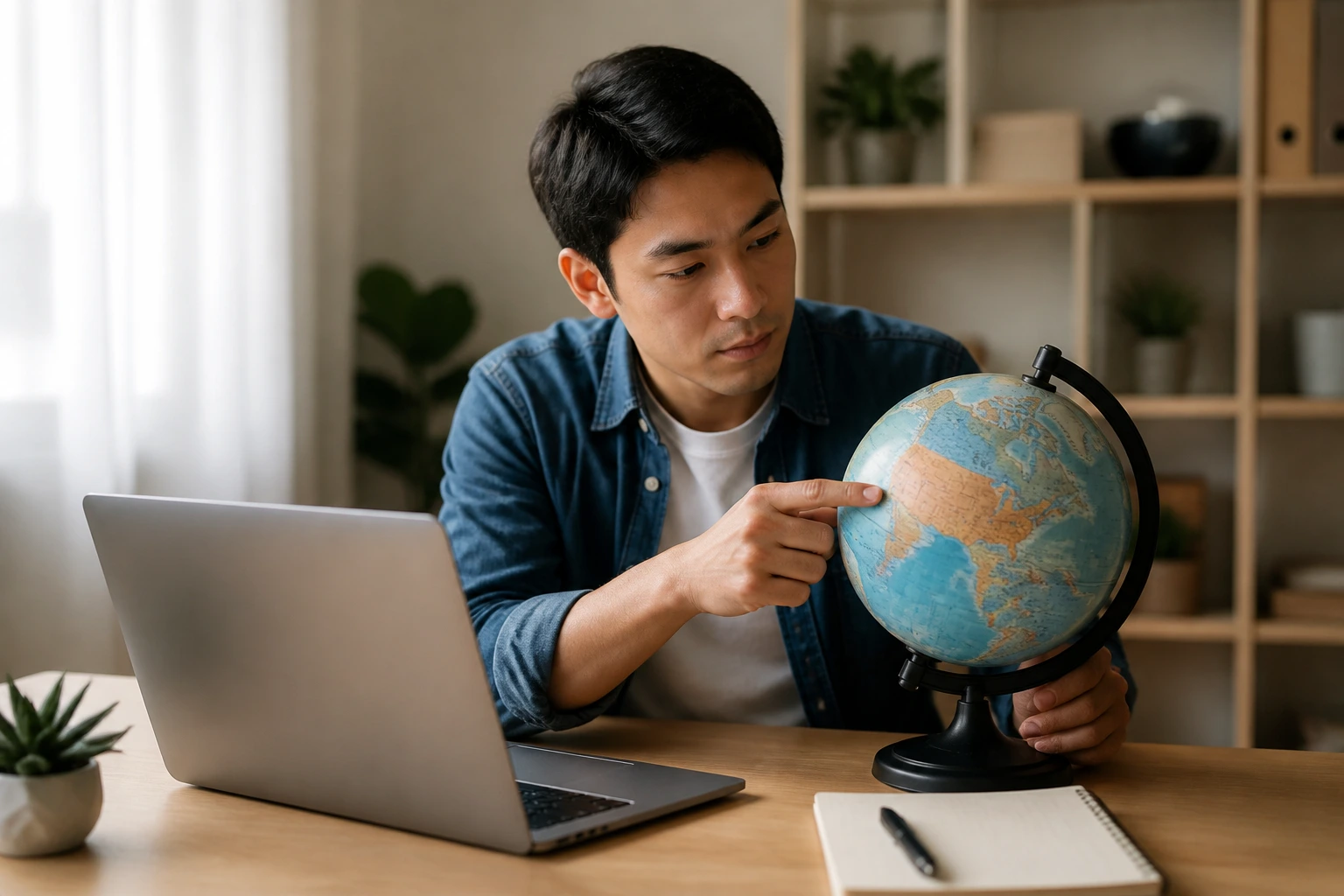 Person planning visa-friendly grocery job applications at home with globe