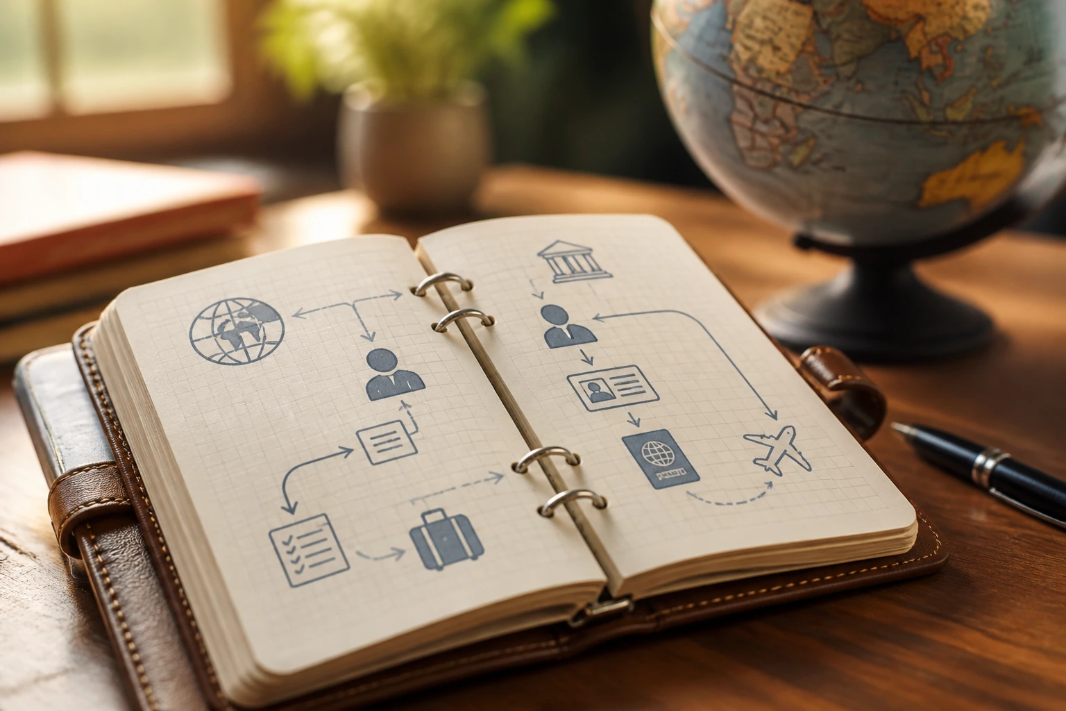 Close-up of an open planner on a desk with abstract visa route diagrams and a blurred globe background