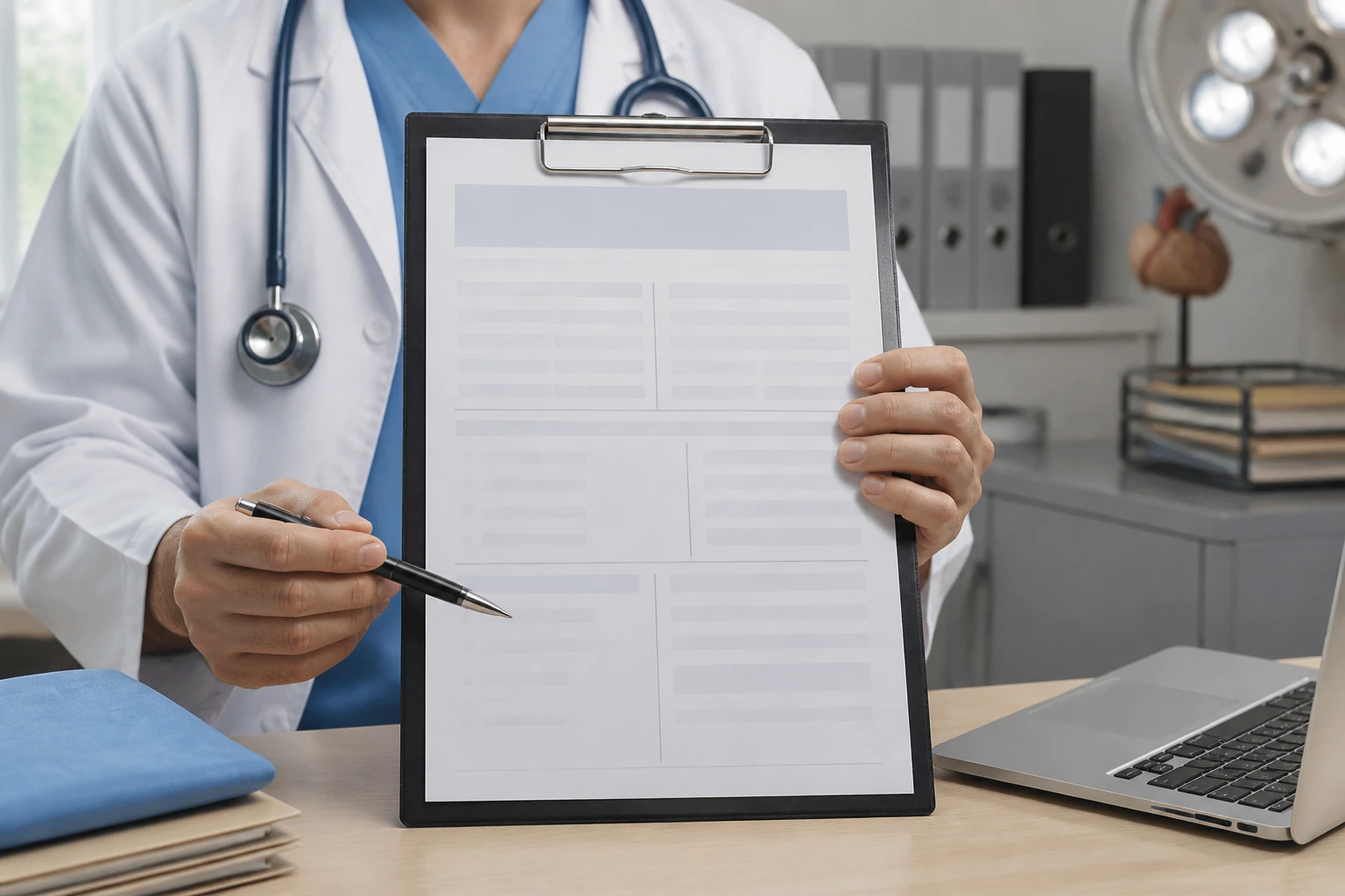 Close-up of a surgeon's hands holding a blank job posting form in a clinic setting