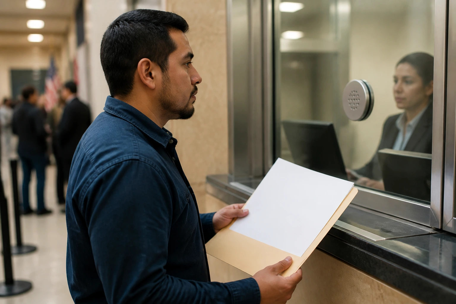 Real person at a service window with a folder of blank documents in a formal reception area