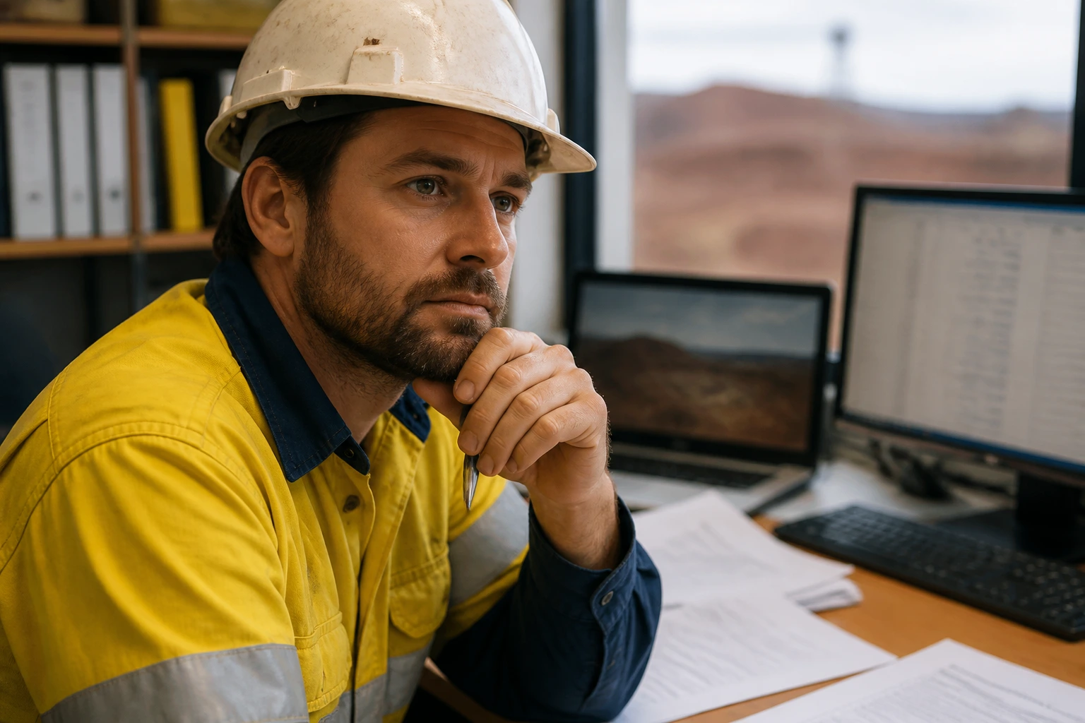 Worker in an on-site office showing thoughtful expression