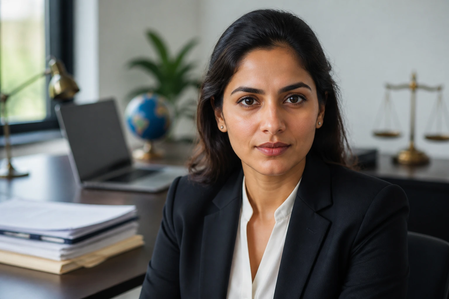 Portrait of a professional in a legal office, representing visa sponsorship and immigration procedures.