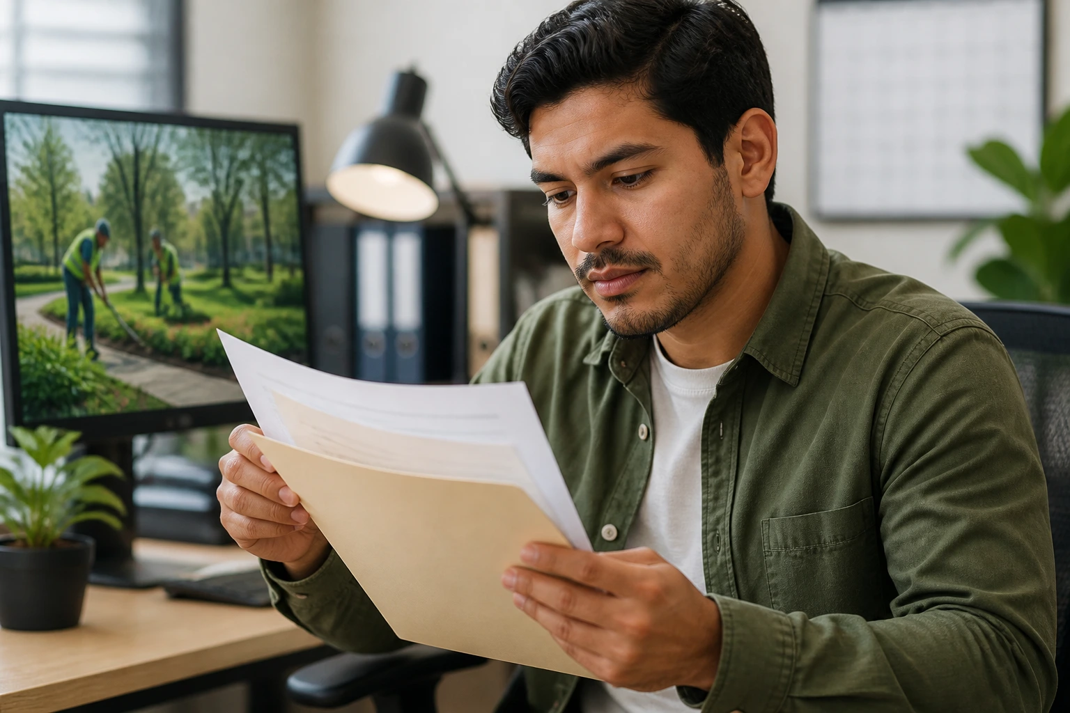 Portrait of a person reviewing a folder with documents in an office setting.