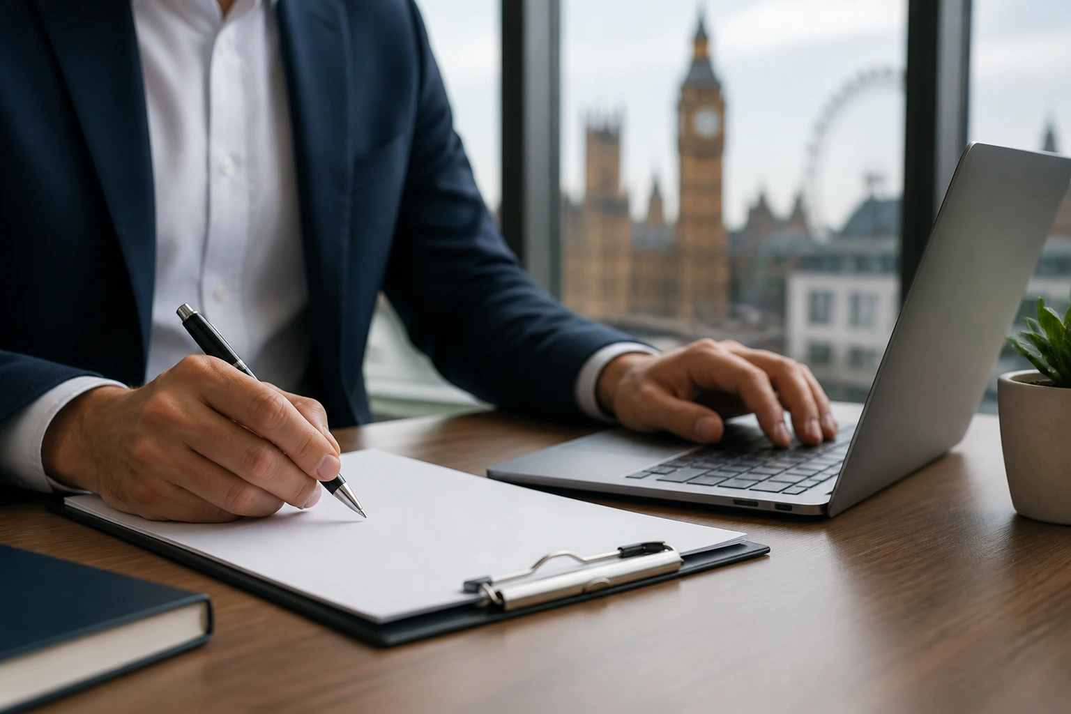 Close-up of a professional's hands at a desk with a laptop, illustrating the Skilled Worker Visa Process in a modern office