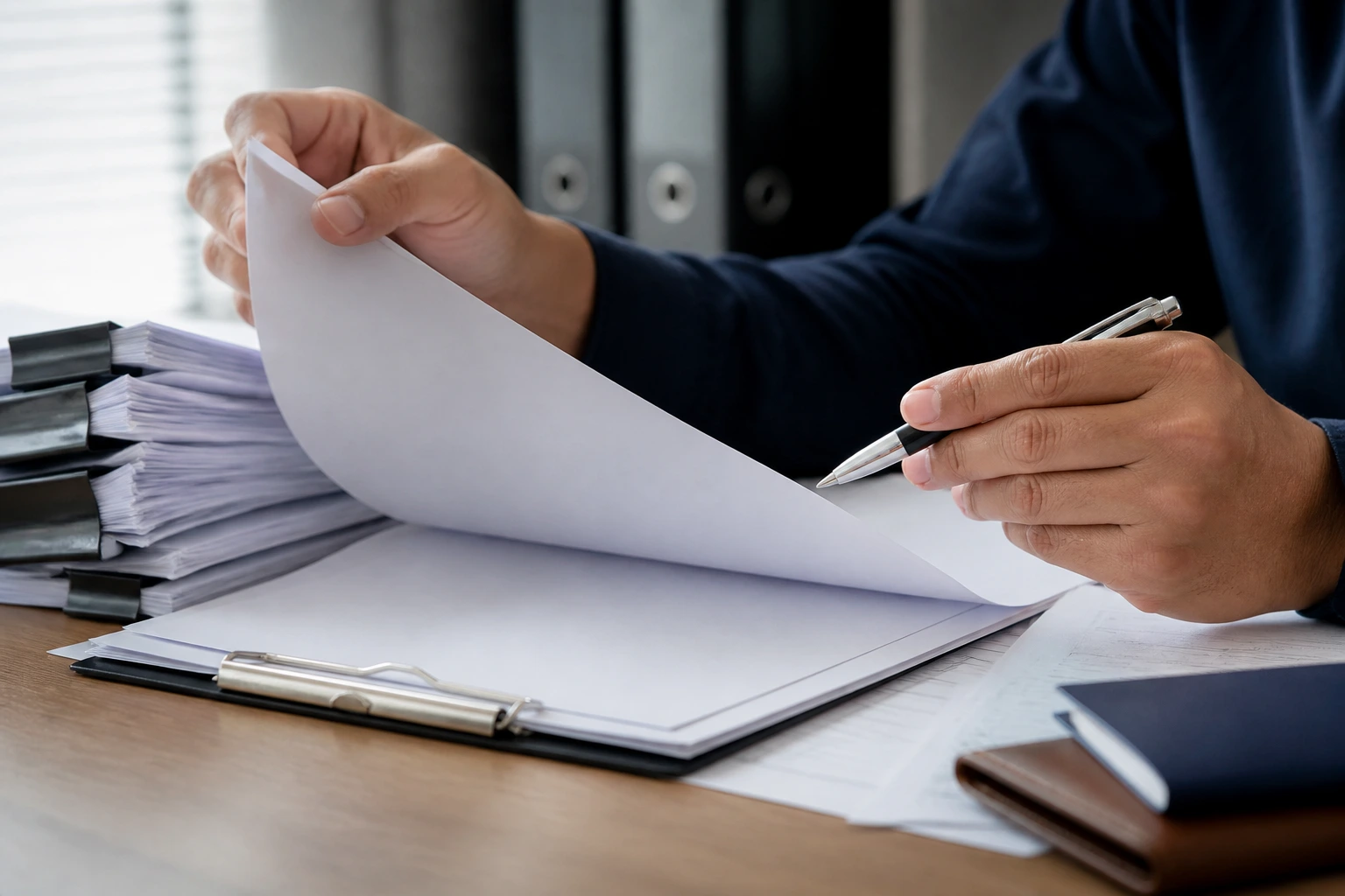 Hands handling blank visa forms on a desk in an office