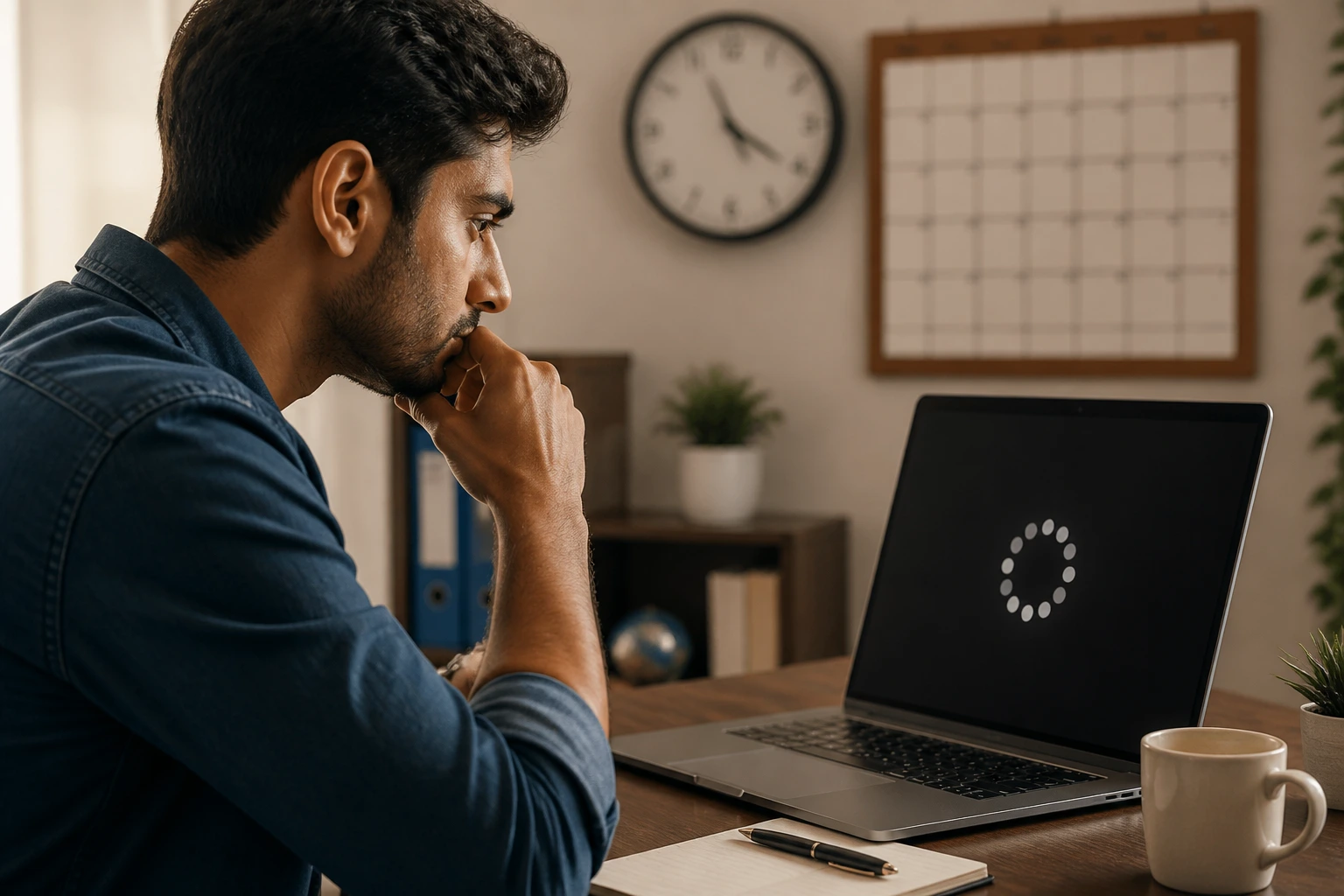 Person waiting on visa processing with loading screen and clock