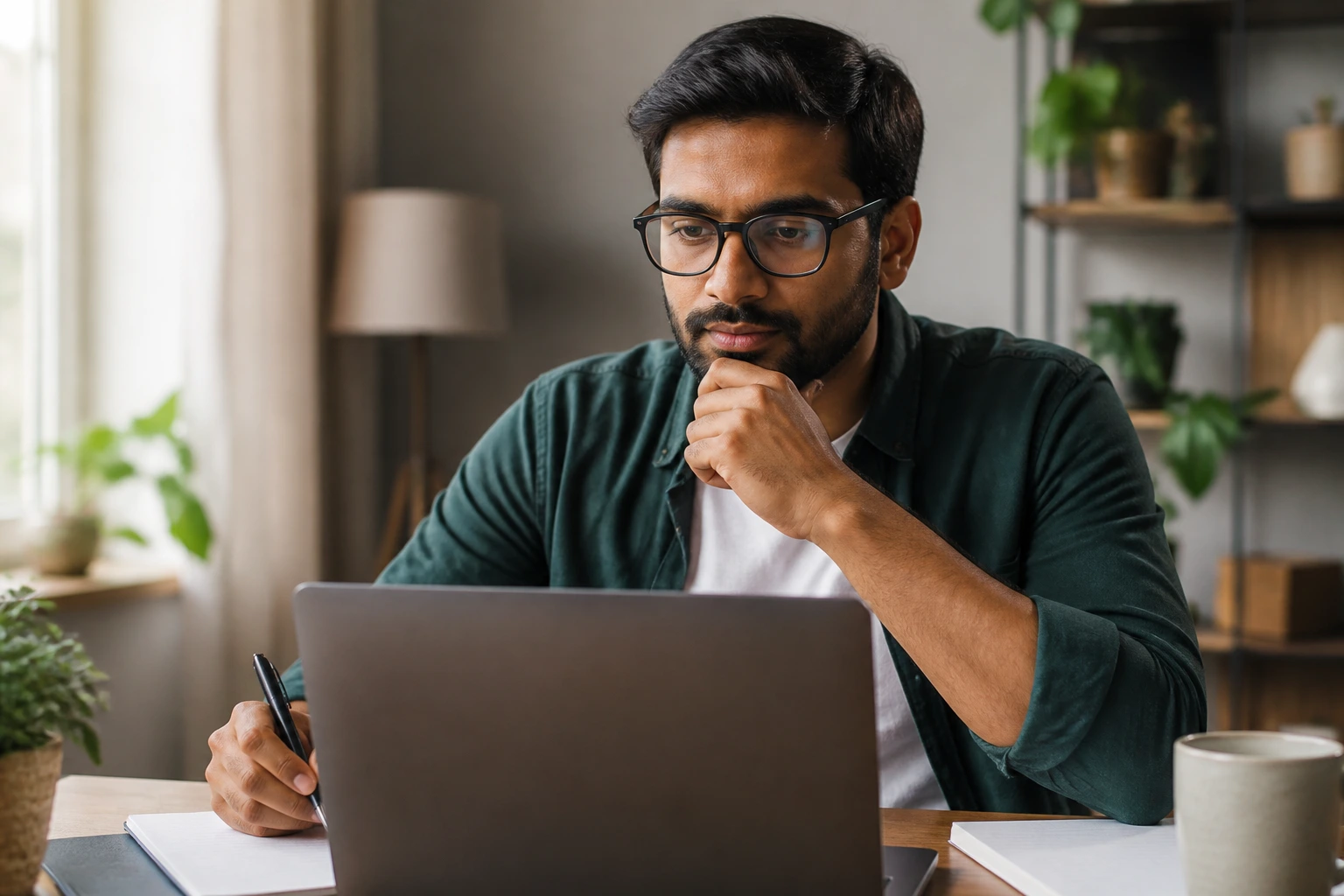 Portrait of a professional during visa processing waiting period in a home office