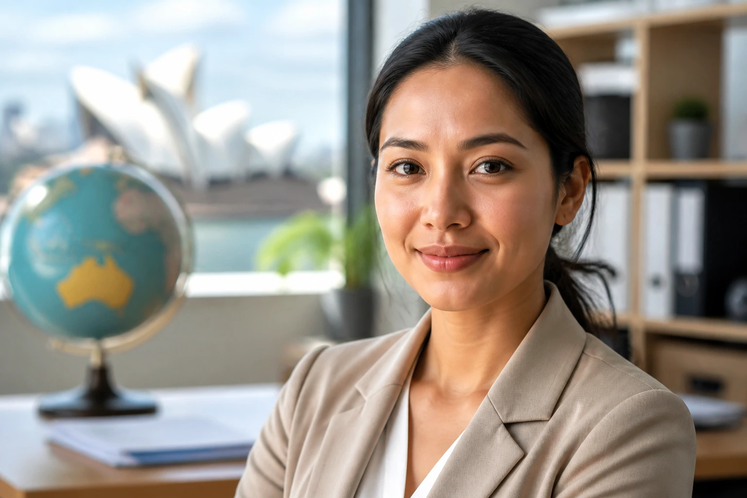Portrait of a childcare professional in a bright office scene representing visa progression