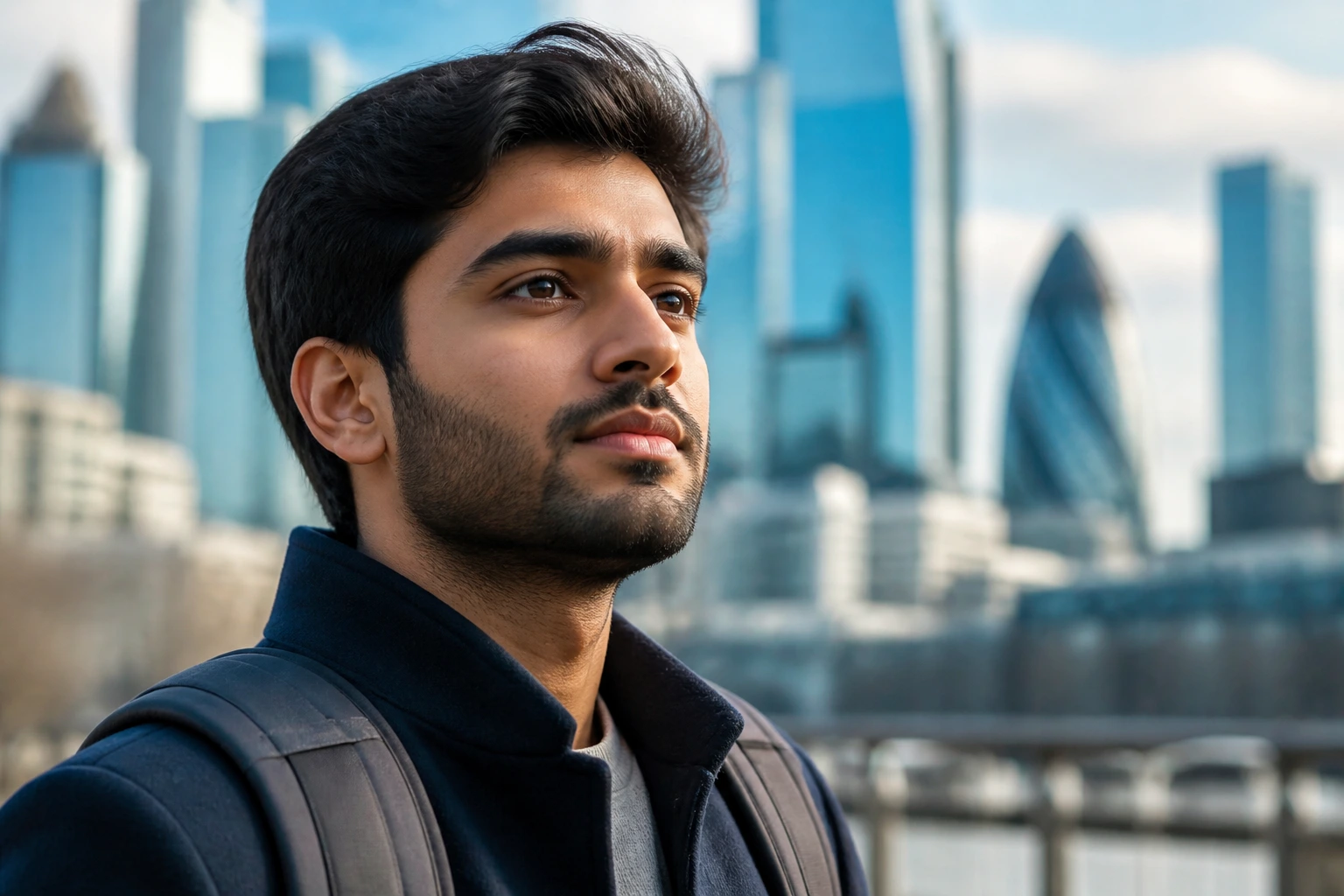 Determined portrait of a person showing resilience after visa rejection in an urban setting