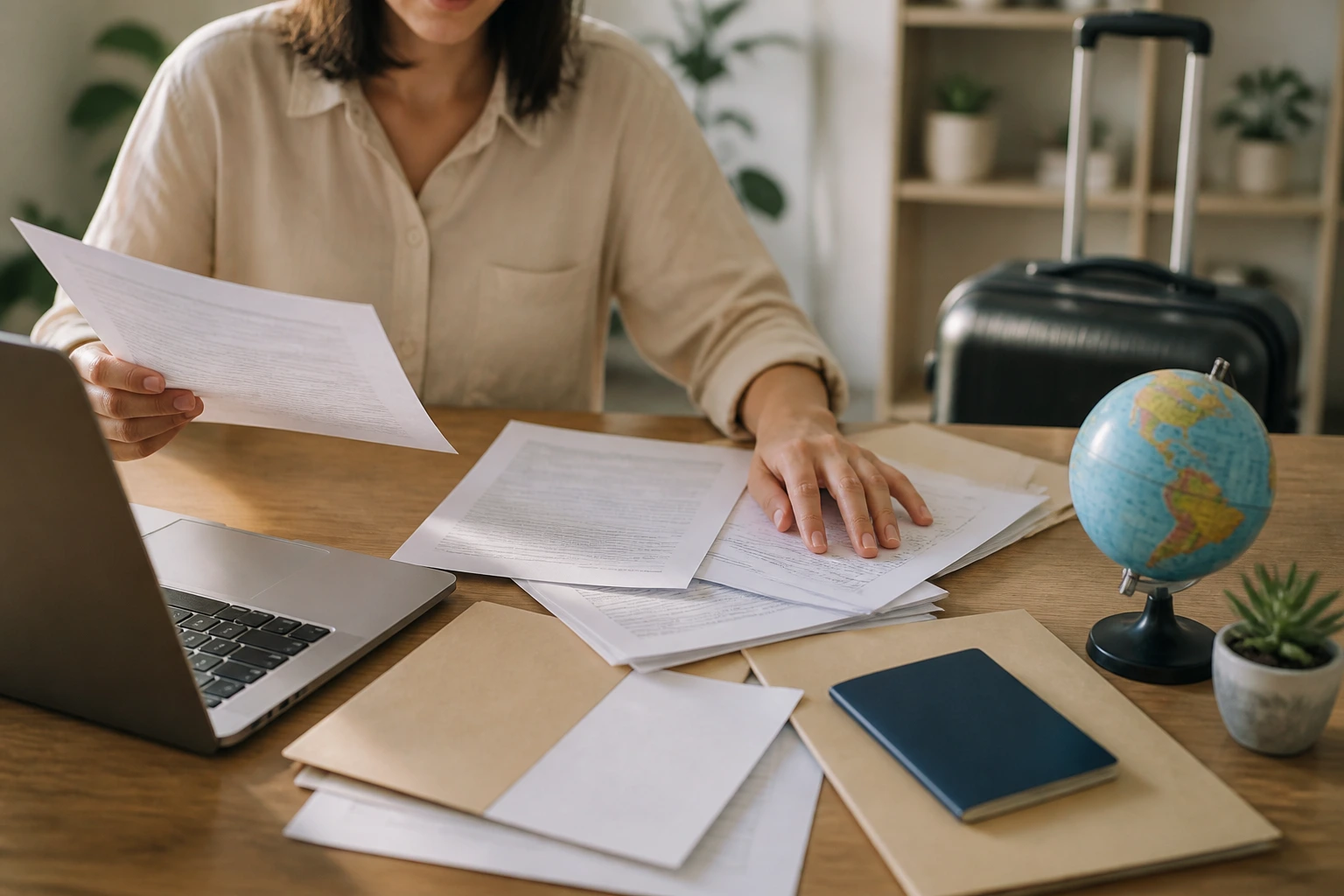 Person reviewing visa and relocation documents with no readable text