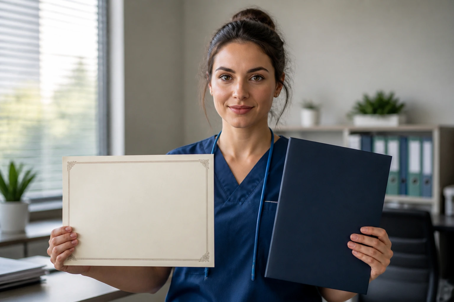 Close-up of nurse holding blank documents in an office, illustrating visa requirements