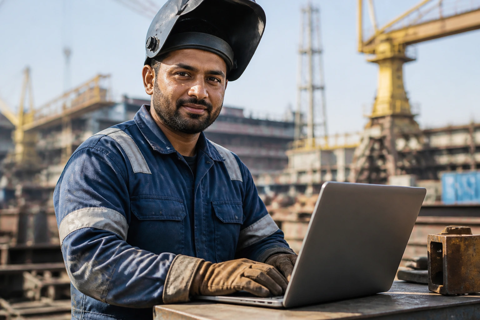 Migrant welder at a desk with laptop illustrating visa requirements