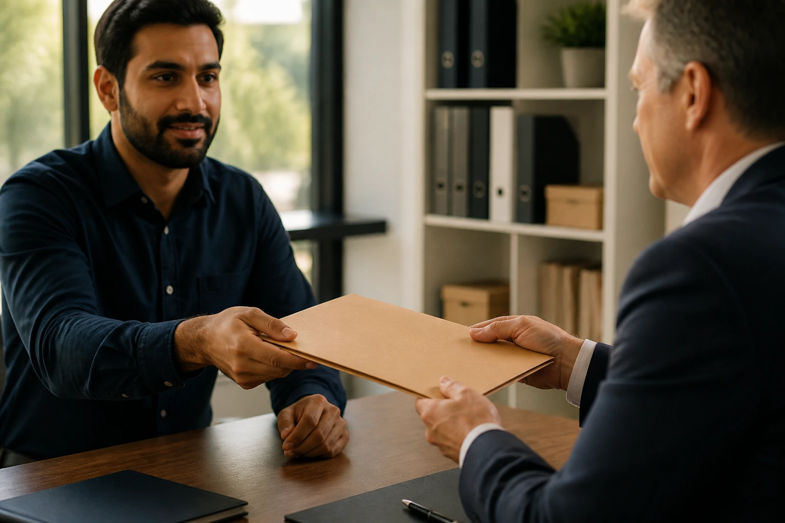 Two people negotiating at a desk over a plain folder